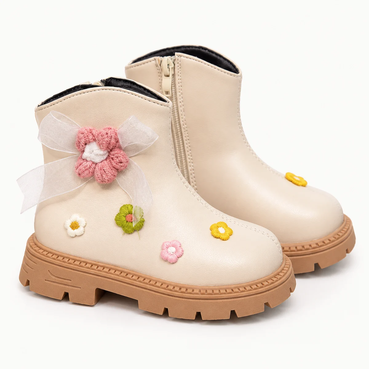 Chaussures fille beiges à fleurs et semelle antidérapante pour l'hiver