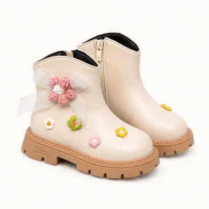 Bottines fille beiges à fleurs avec semelle crantée
