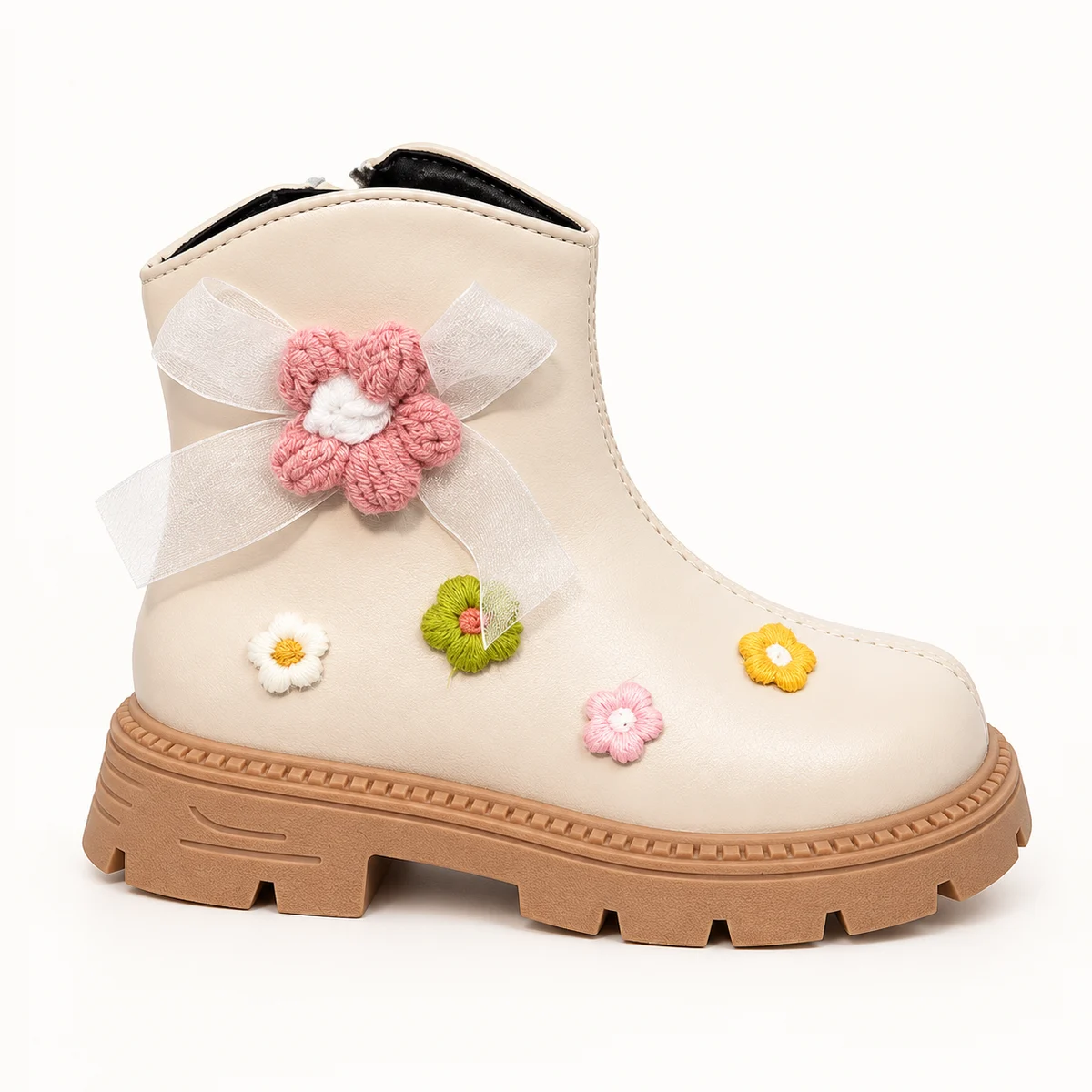 Chaussures enfant femme beiges fourrées à motifs floraux