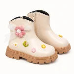 Bottines fille beiges fourrées avec fleurs colorées pour hiver
