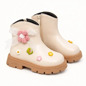 Bottines fille beiges fourrées avec fleurs colorées pour hiver