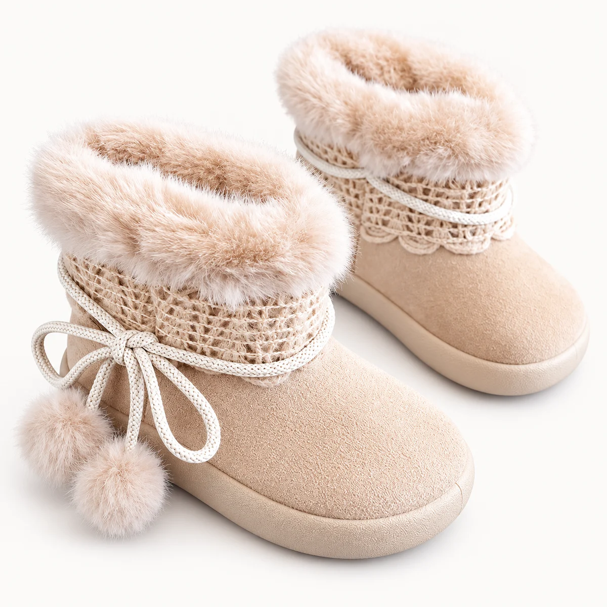 Chaussures bébé fille beiges à nœud et pompons pour froid