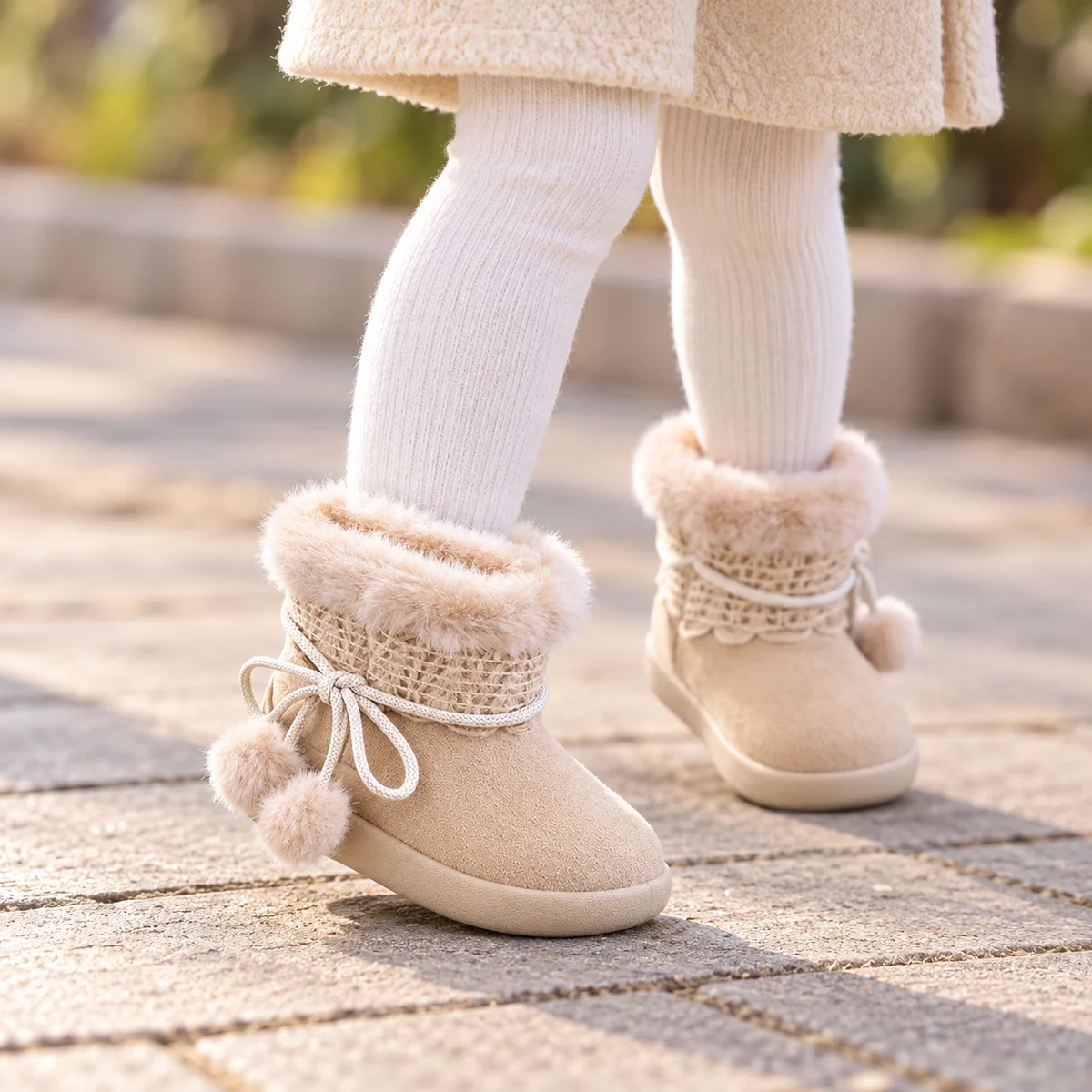 Chaussures enfant fille en peau beige avec pompons et détails nœud
