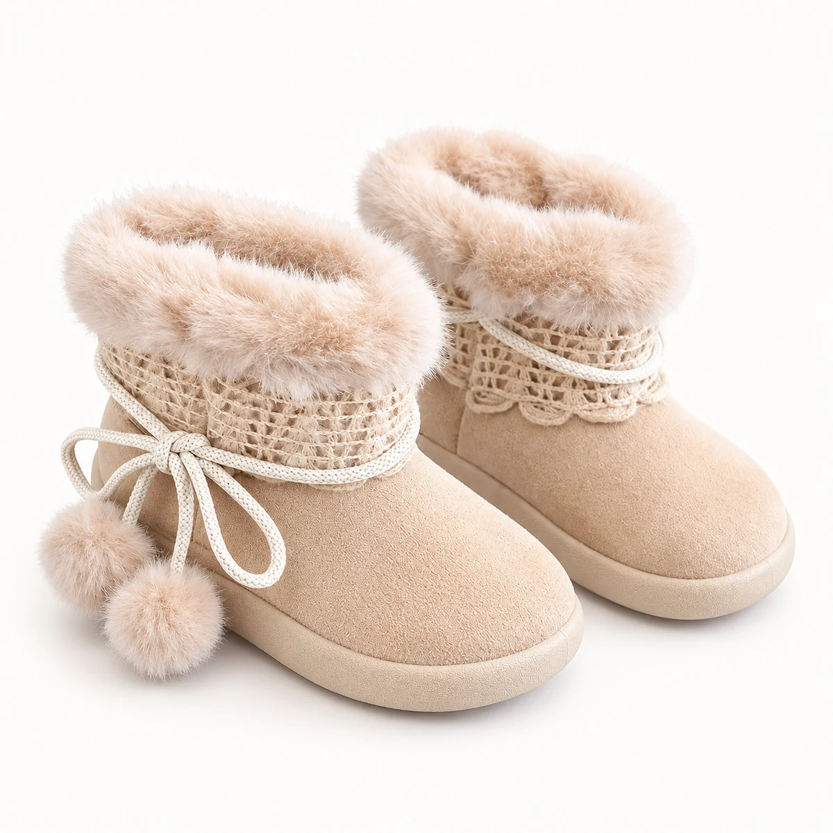 Bottines fille beiges fourrées avec nœud et pompons pour hiver