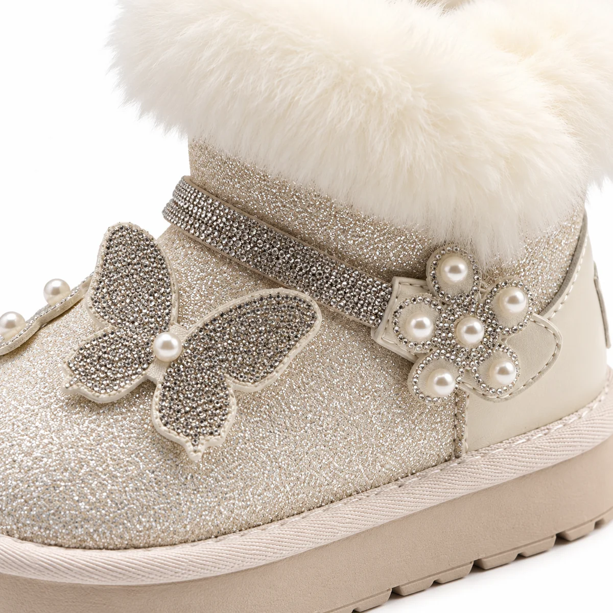 Chaussures pour enfant avec bottines beiges à fourrure et décorations perlées