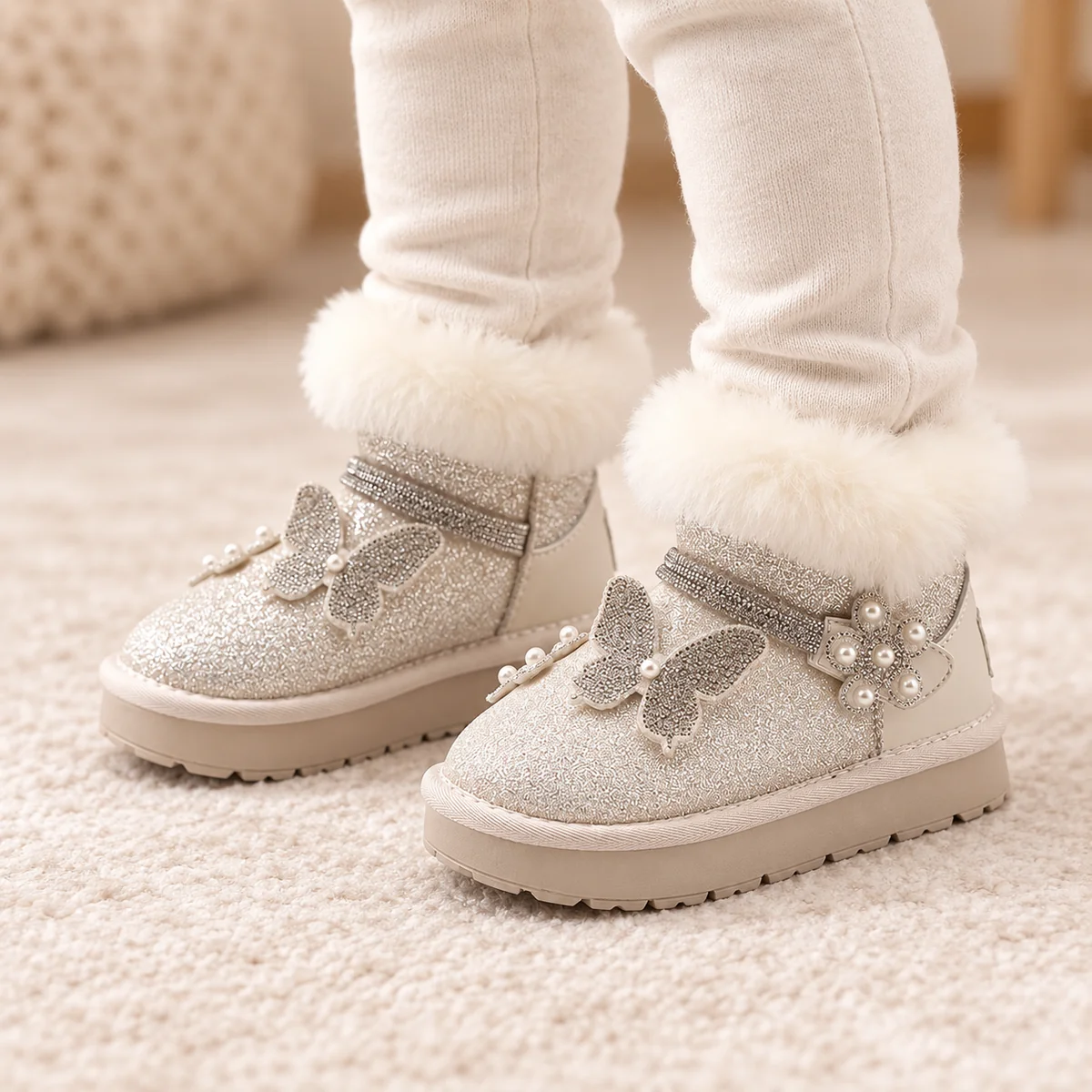Chaussures d'hiver pour fille en cuir beige avec détails perlés