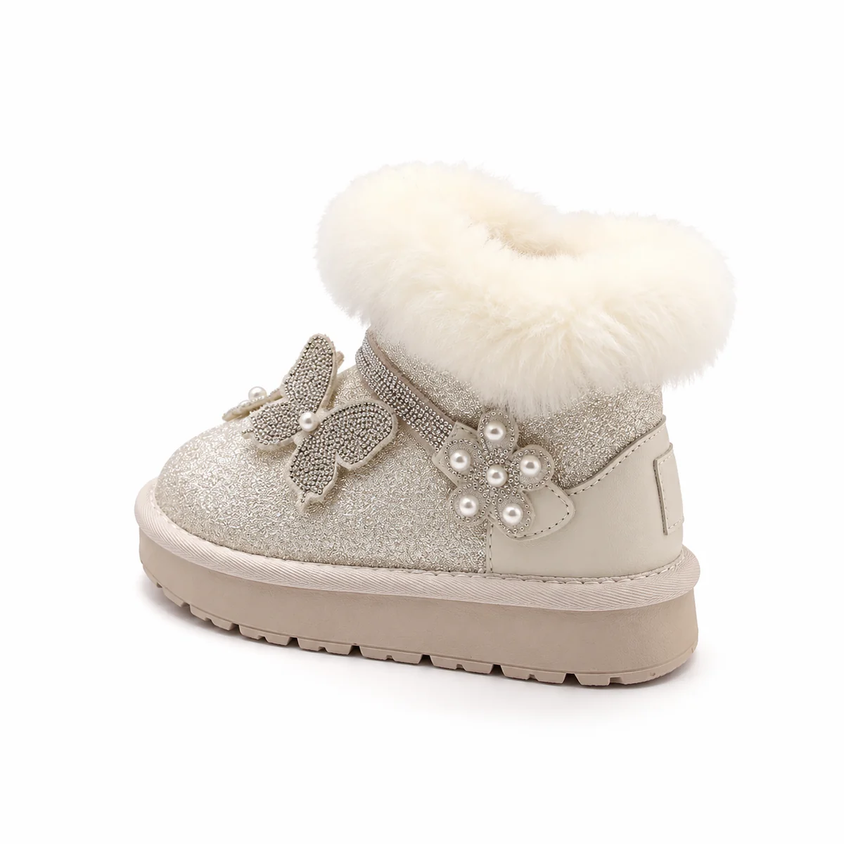 Bottines fourrées pour fille beige orné d'un nœud et perles sophistiquées