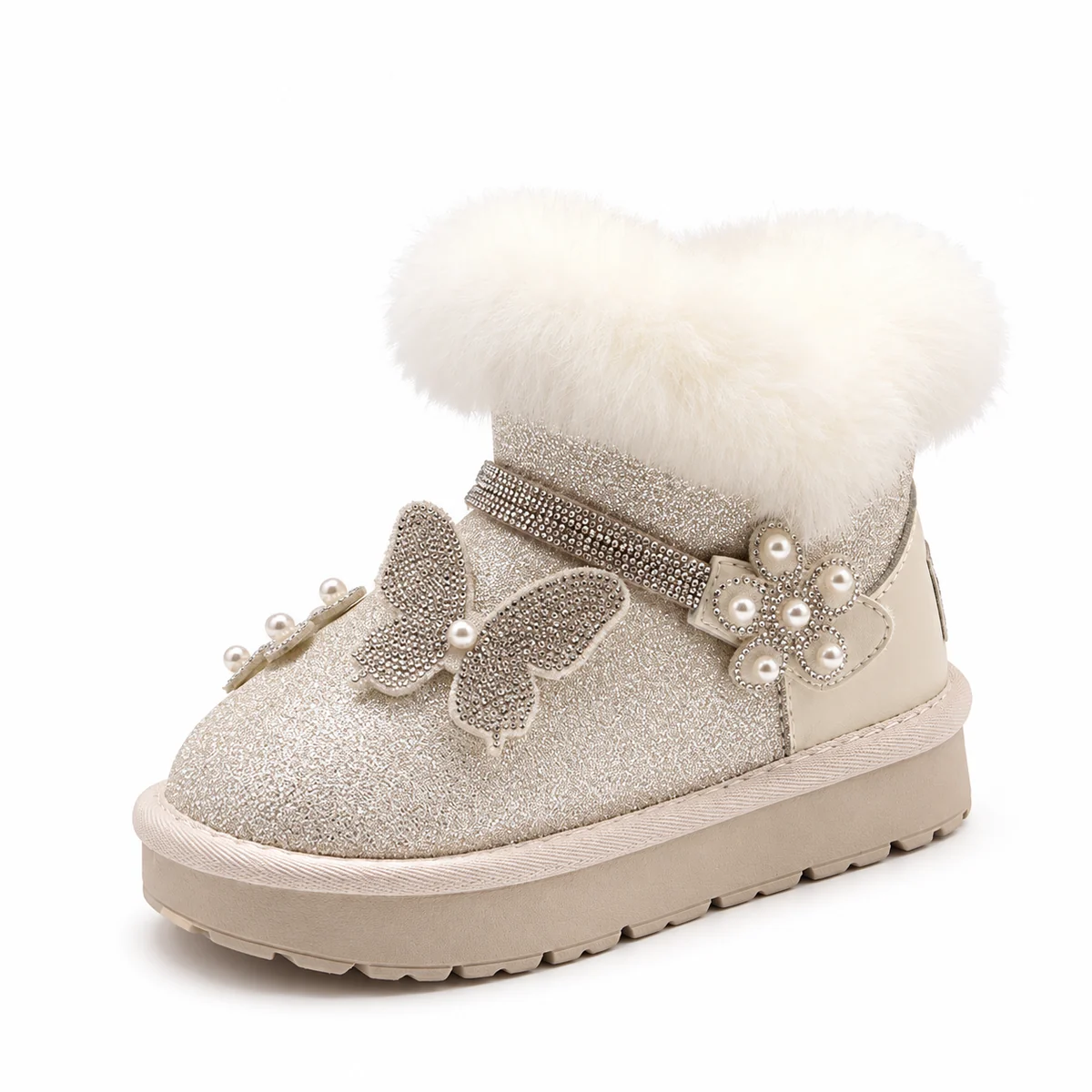 Bottines fille beiges fourrées avec nœud et perles élégantes