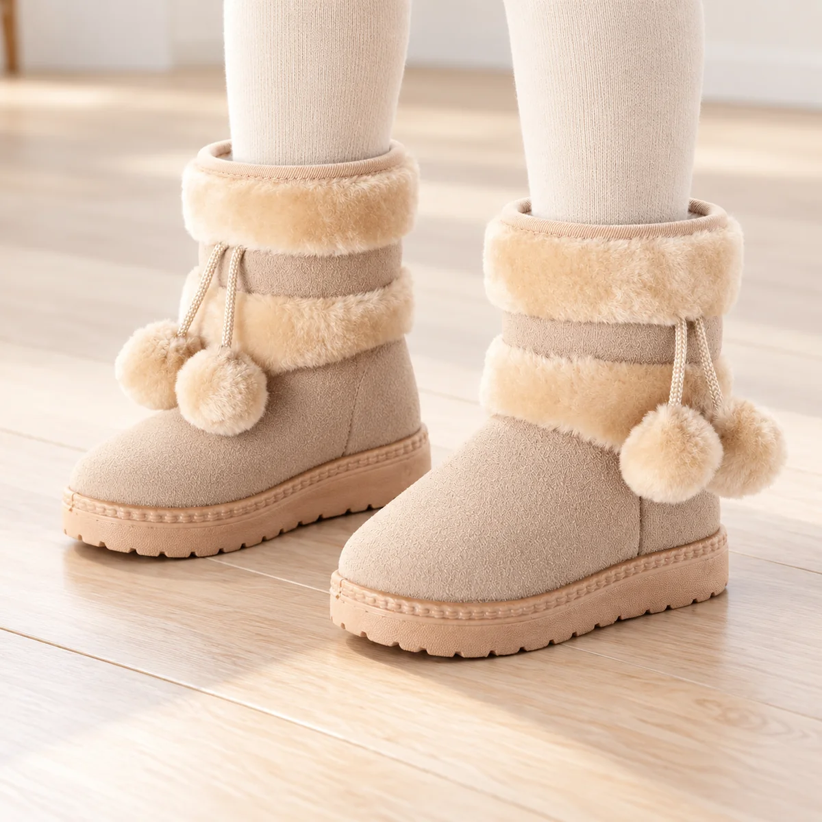 bottines fille beiges fourrees a pompo 44524 11b porte