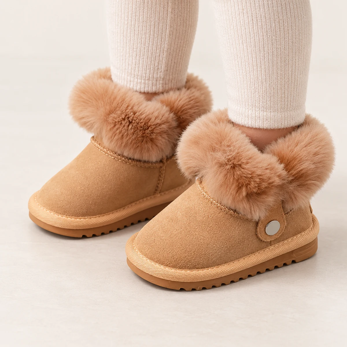 Close-up de bottines fille camel à col pelucheux chaud