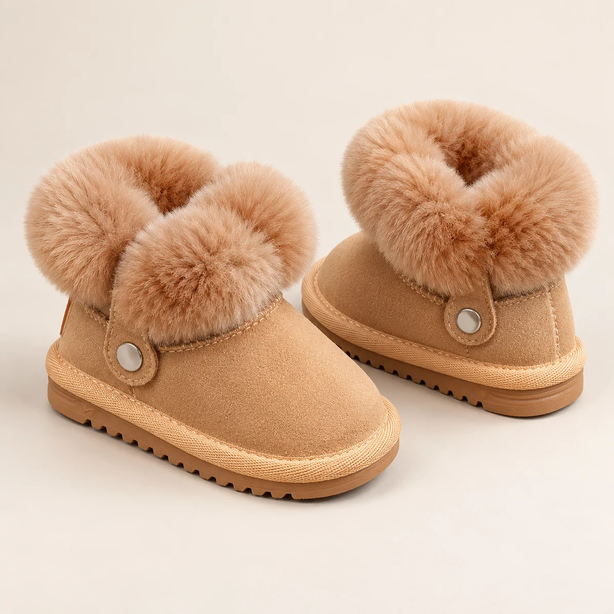 Fille portant des bottines camel à large col pelucheux et looks hivernaux