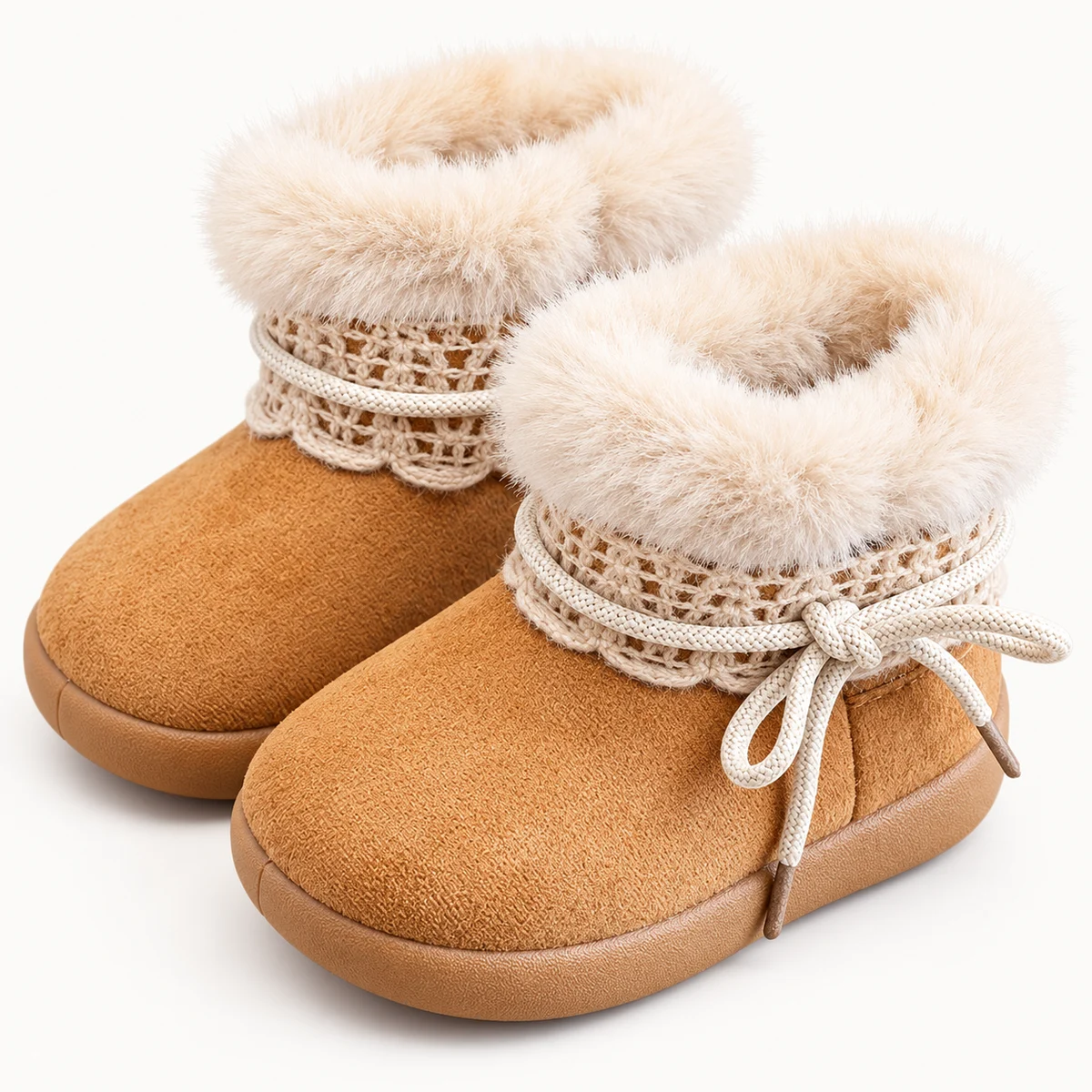 Chaussures enfant hiver camel avec nœud décoratif et bande tressée élégante