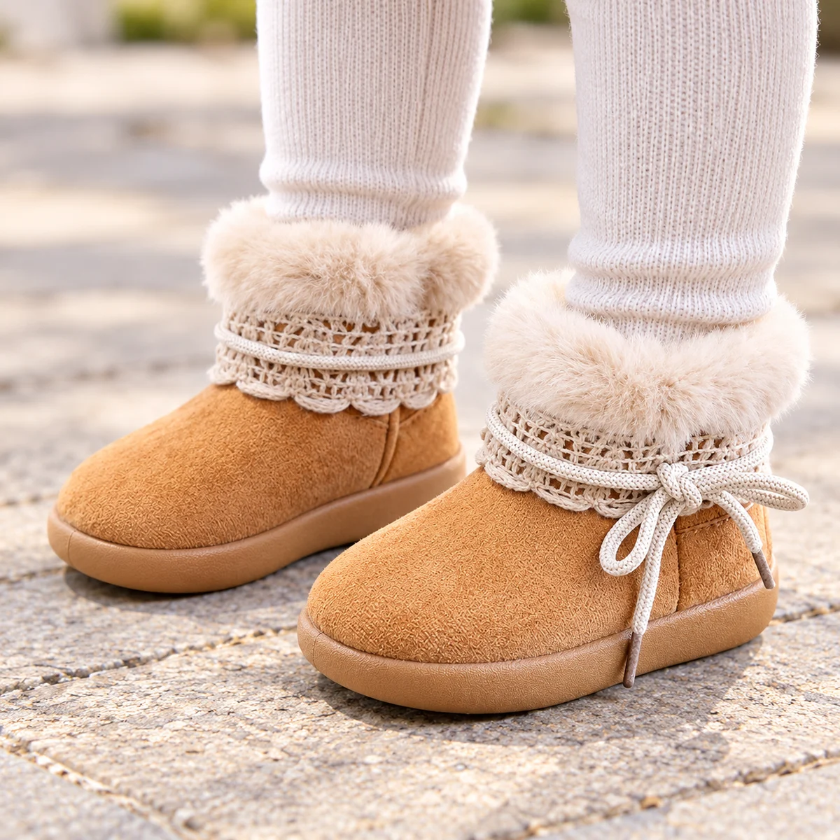 Chaussures enfant camel à fourrure avec décoration nœud et bande tressée