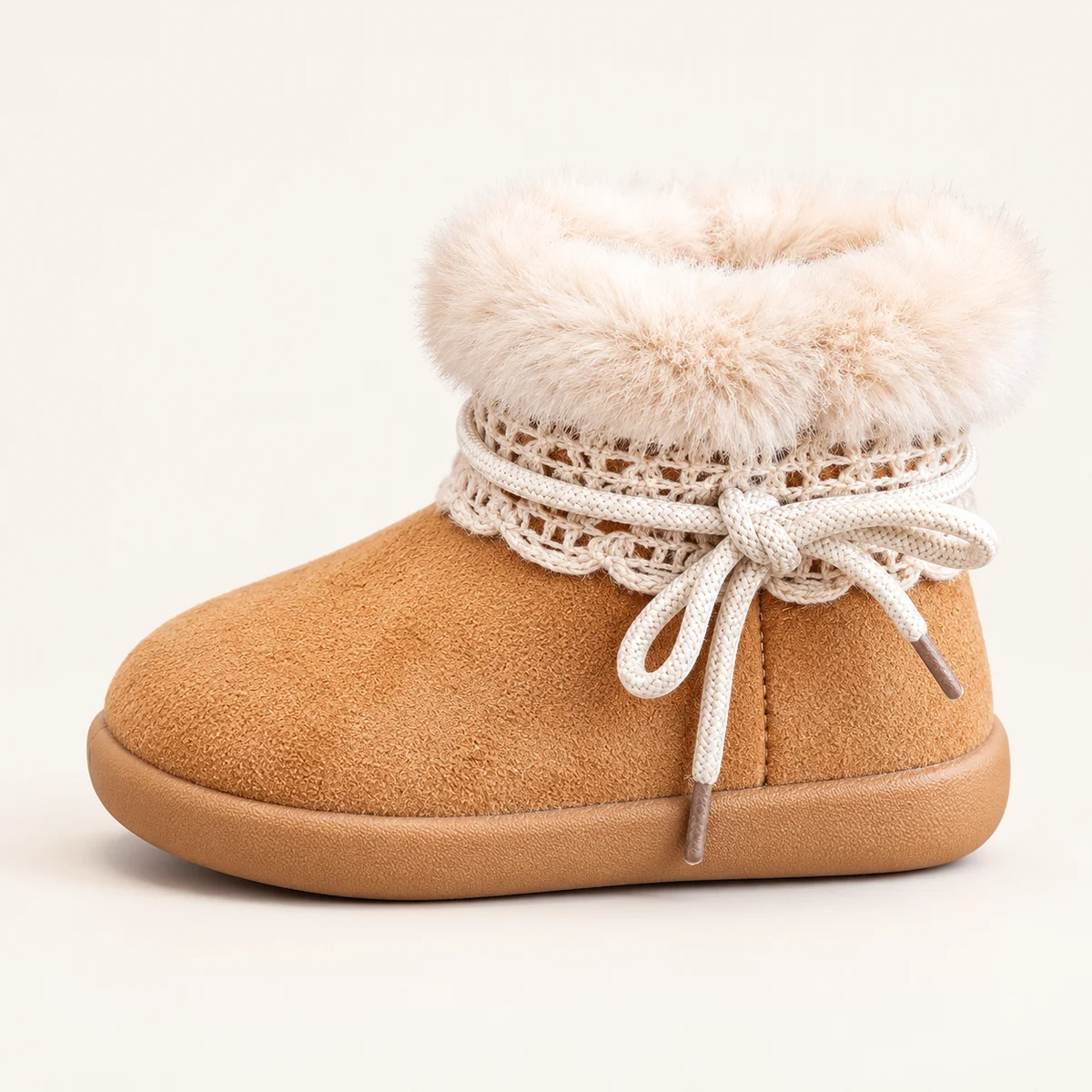 Bottines fille confortables en camel avec détails tressés et fourrure chaude