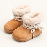 Bottines fille camel fourrées avec nœud et bande tressée pour hiver