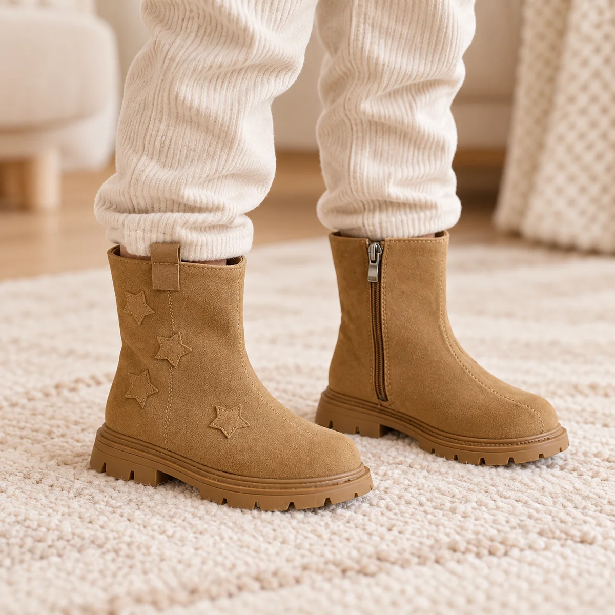 Chaussures pour fille en cuir marron à motifs étoiles avec fermeture éclair