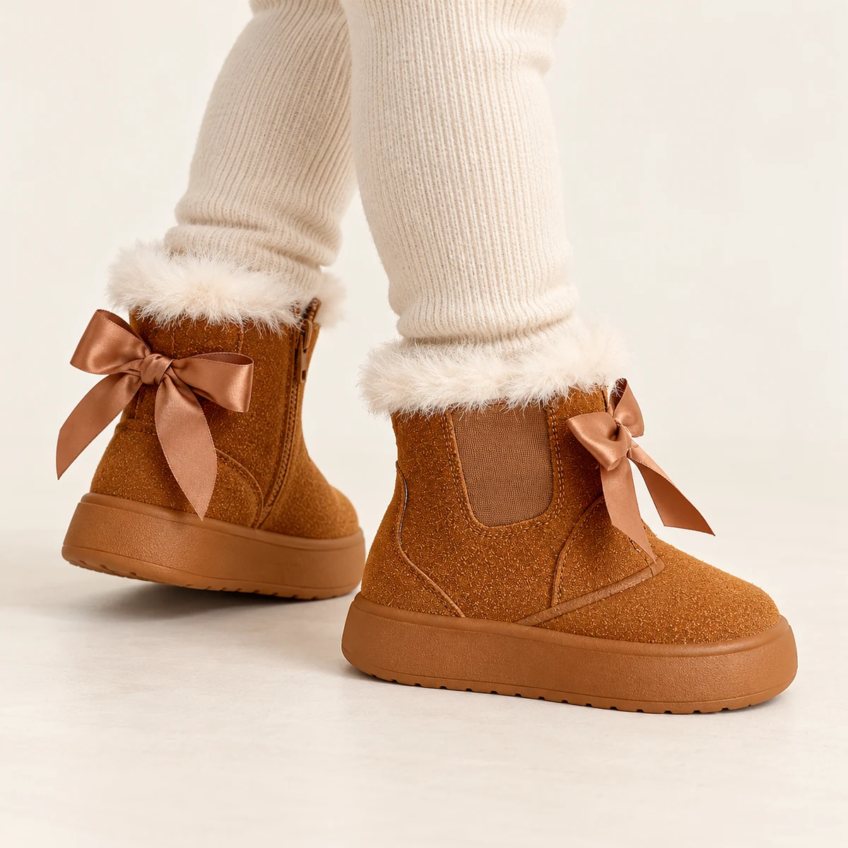 Enfant portant des bottines marron à nœud arrièree et zip