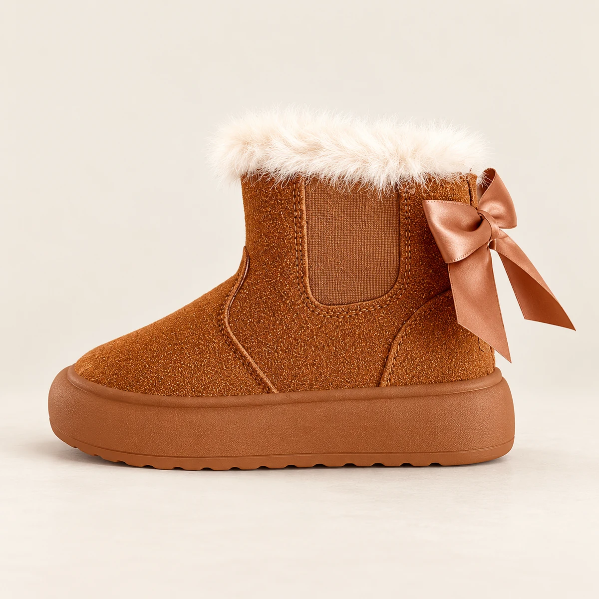 Détail des bottines fille marron avec nœud et fermeture éclair