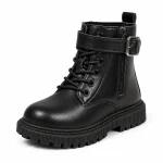 Bottines fille noires avec brides lacets et zip en cuir pour l'hiver