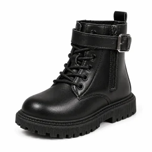 Bottines fille noires avec brides lacets et zip en cuir pour l'hiver