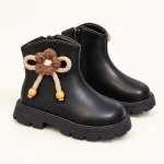 Bottines fille noires avec fleurs décoratives et cordons mode enfant