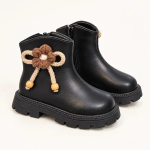 Bottines fille noires avec fleurs décoratives et cordons mode enfant