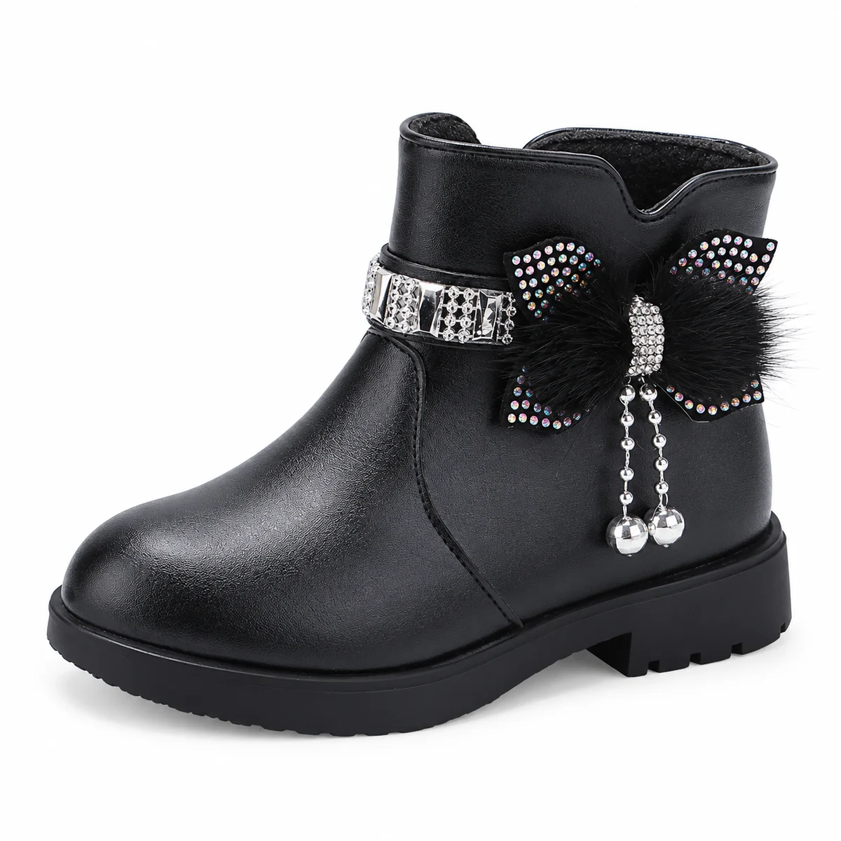 Bottines fille élégantes noires avec ornements brillants et nœud