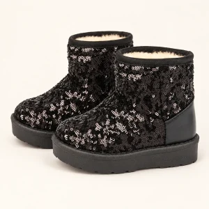 Bottines noires pour fille avec sequins brillants et semelle épaisse