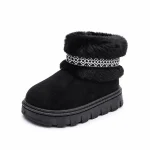 Bottines pour fille noires fourrées à bande géométrique élégantes adaptées à l'hiver
