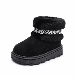 Bottines pour fille noires fourrées à bande géométrique élégantes adaptées à l'hiver