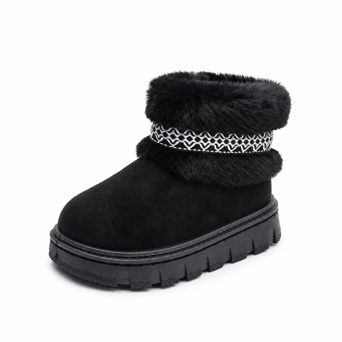 Bottines pour fille noires fourrées à bande géométrique élégantes adaptées à l'hiver