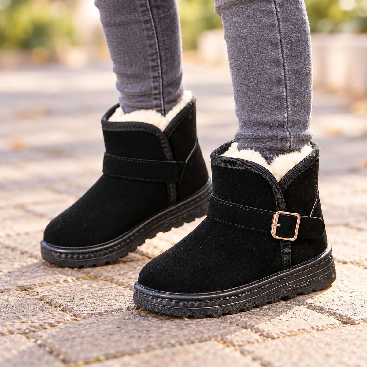 Chaussures pour fille noires fourrées à bride et boucle chic