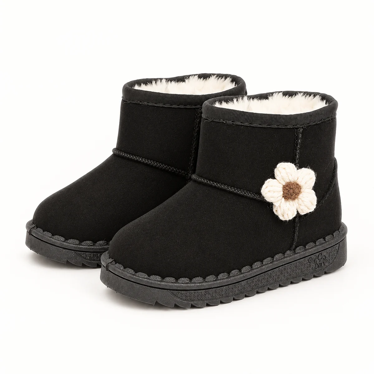 Bottines fille noires fourrées à fleurs claires pour hiver