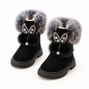 Bottines fille noires fourrées à oreilles décoratives pour hiver