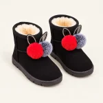 Bottines filles noires fourrées avec oreilles et pompons pour hiver