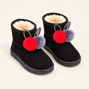 Bottines filles noires fourrées avec oreilles et pompons pour hiver