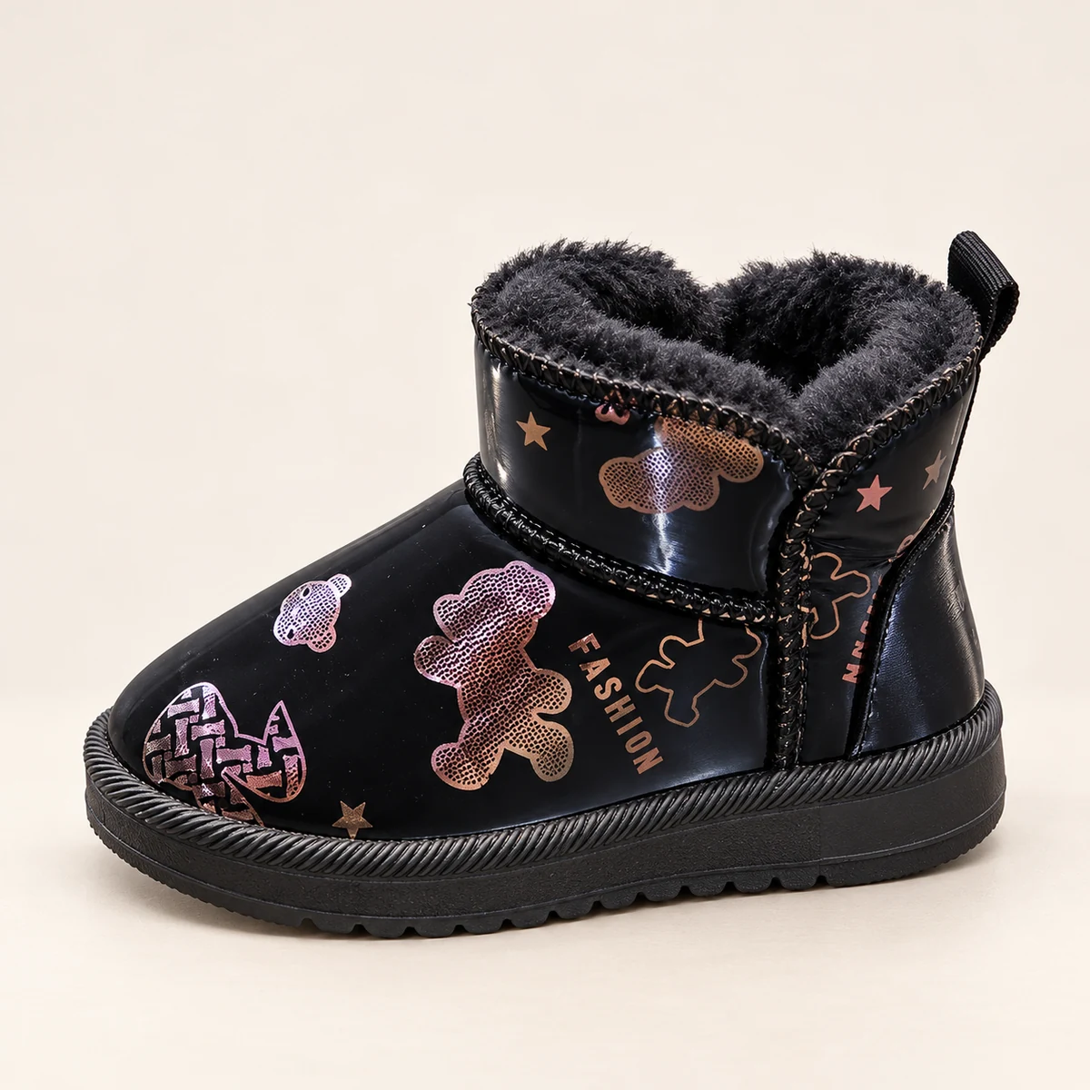 Bottines fourrées pour fille avec illustrations d'oursons et cœurs