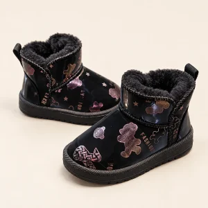 Bottines fille noires fourrées à oursons et cœurs pour hiver