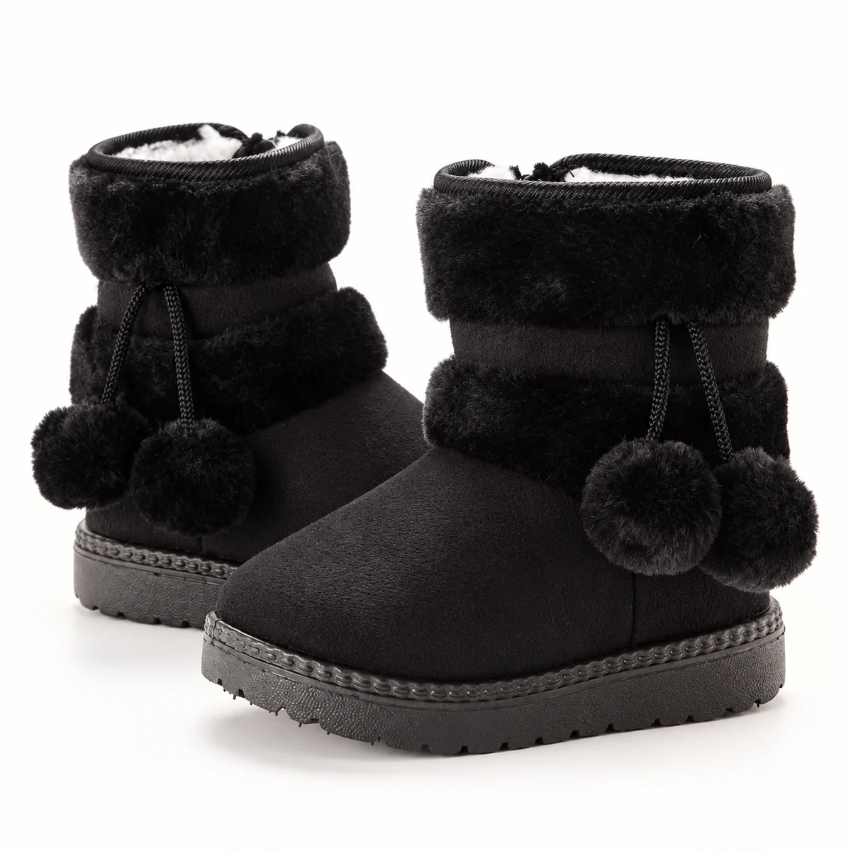 Chaussures filles noires fourrées à pompons et revers tendance hiver