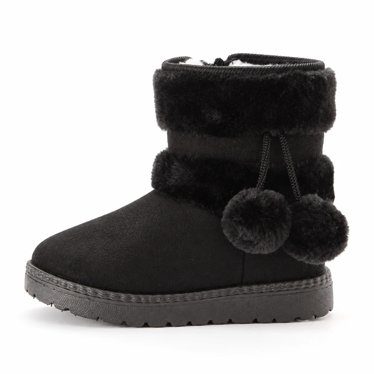 Bottines noires pour enfant avec pompons et revers en fourrure synthétique
