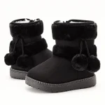 Bottines filles noires fourrées avec pompons et revers pour hiver