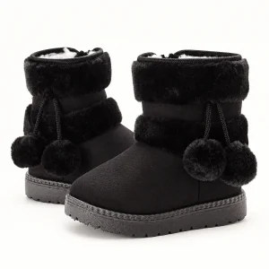 Bottines filles noires fourrées avec pompons et revers pour hiver