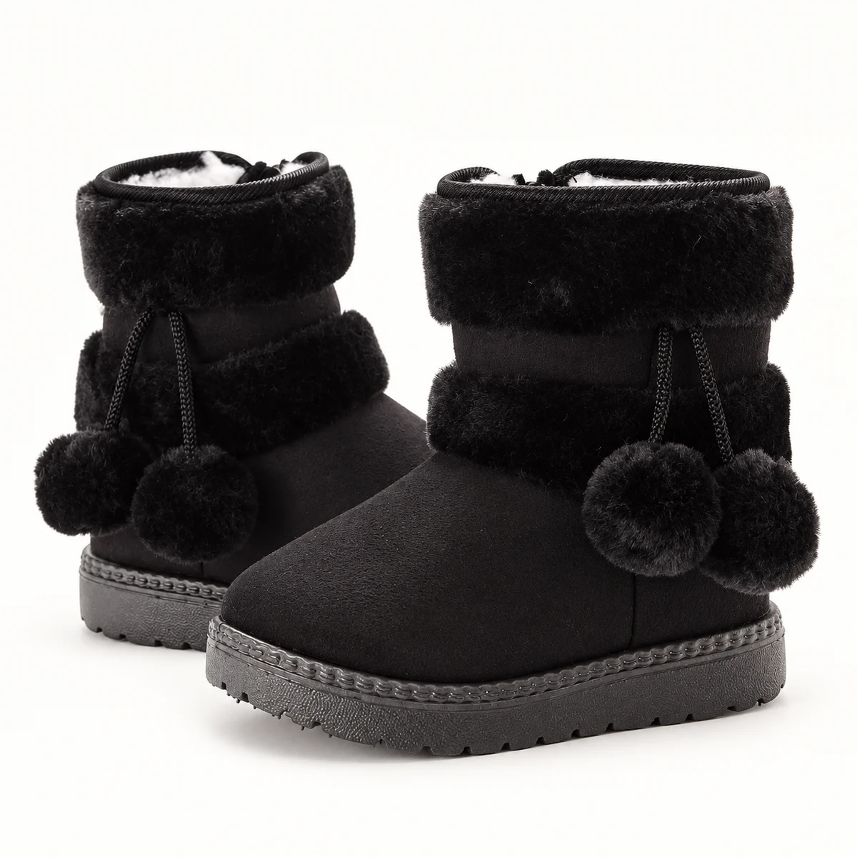 Bottines filles noires fourrées avec pompons et revers pour hiver