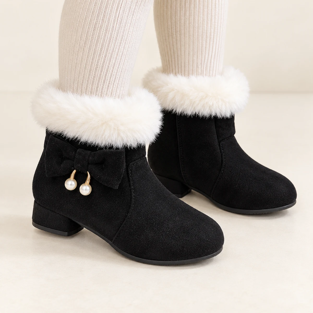 Détail des bottines fille noires à revers blanc et perles pour hiver