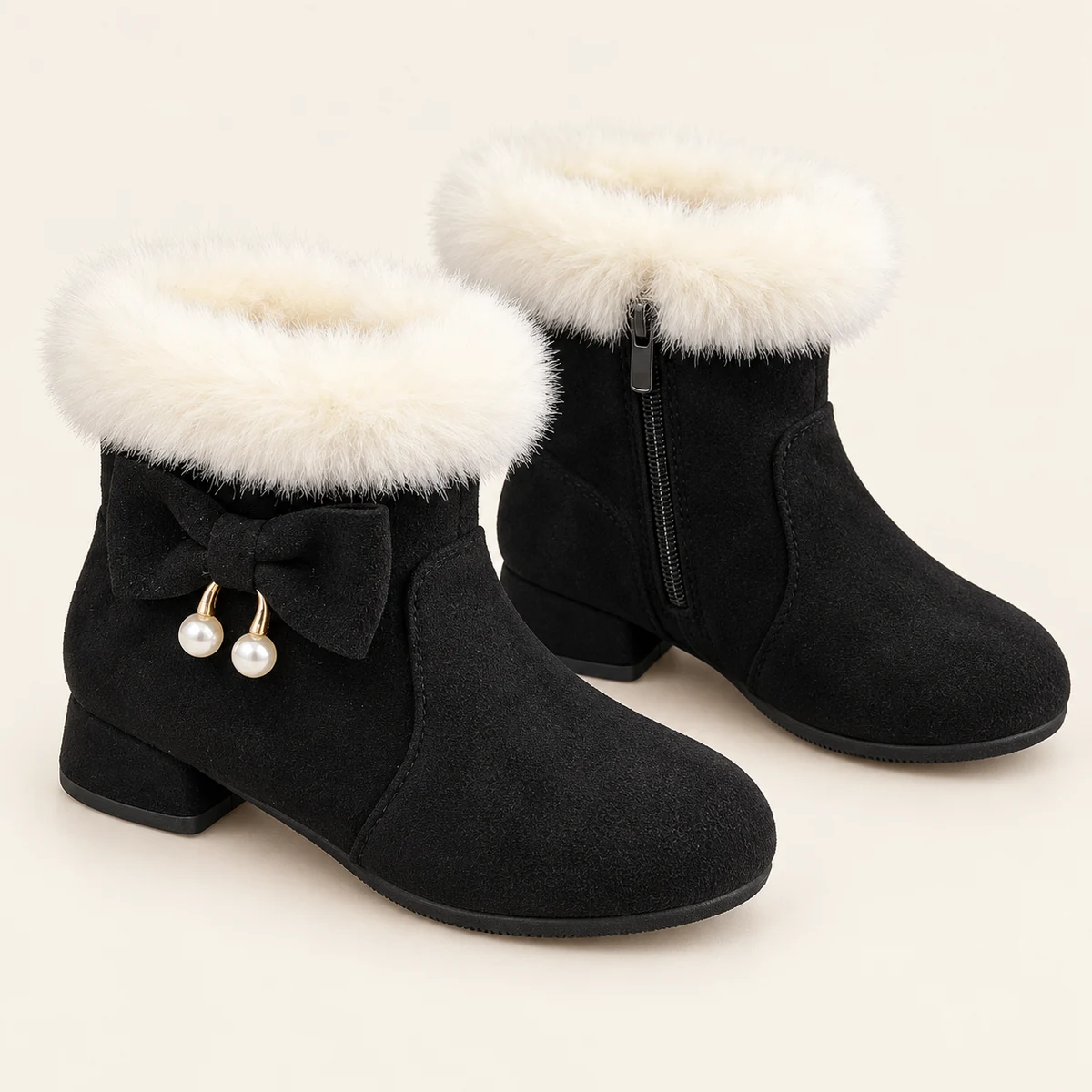 Vue latérale des bottines fille noires fourrées avec revers blanc et ornement perles
