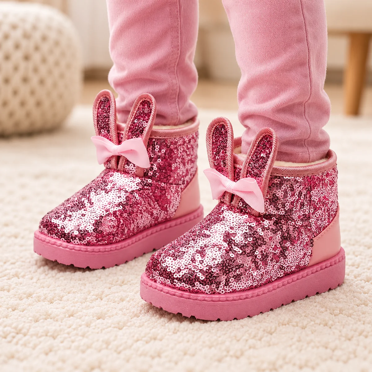 Chaussures roses à sequins pour fille avec oreilles mignonnes et nœud décoratif