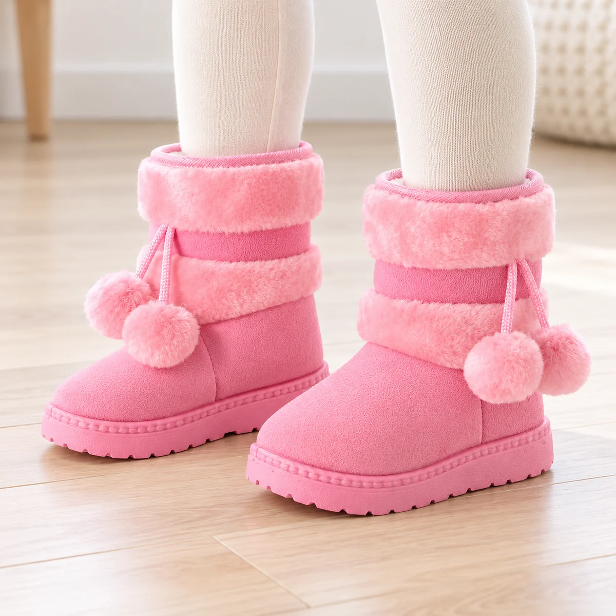 bottines fille roses fourrees a pompon 44526 11b porte