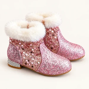 Bottines filles roses pailletées avec col fourré blanc pour hiver