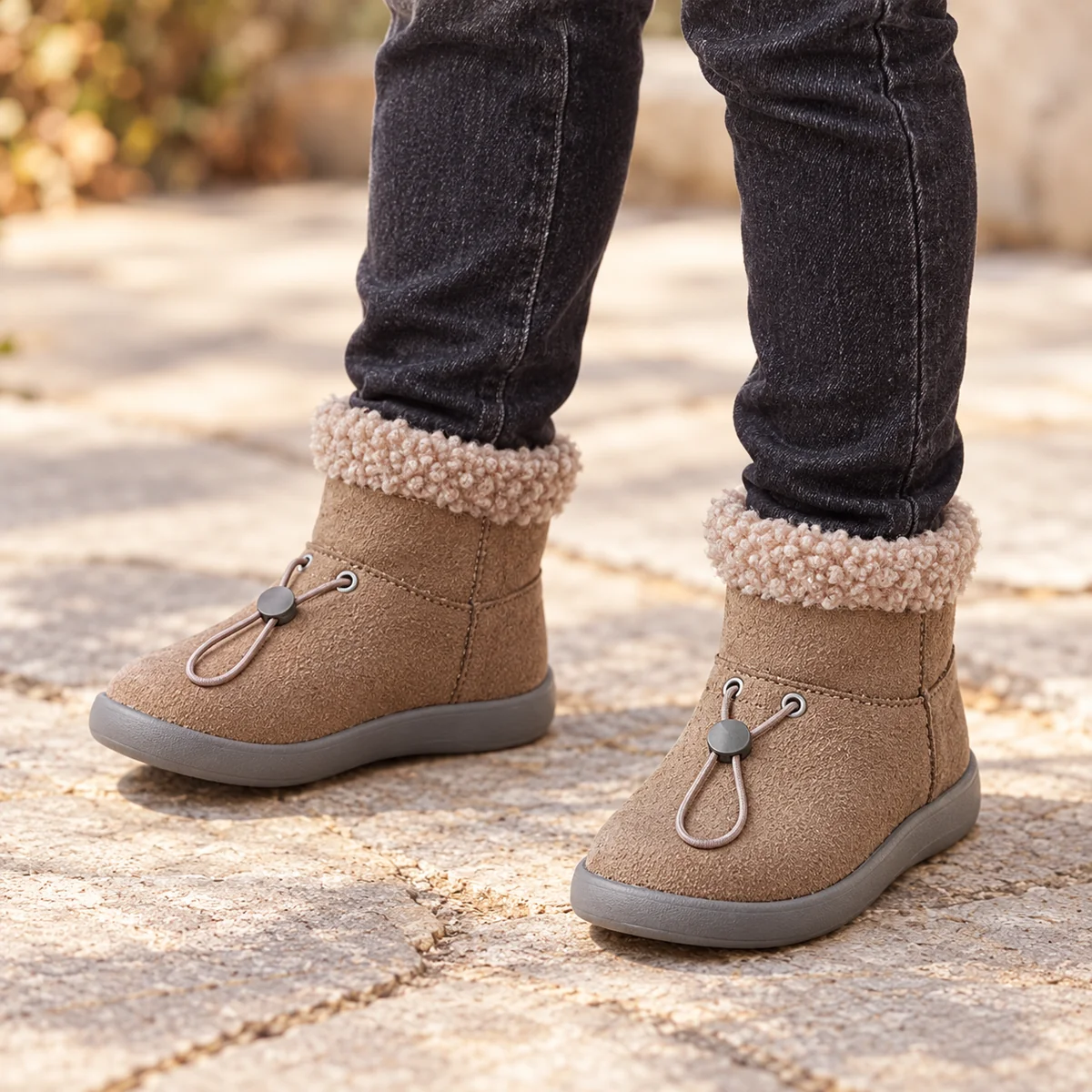 Jeune fille portant des bottines taupe à col pelucheux et zip dehors