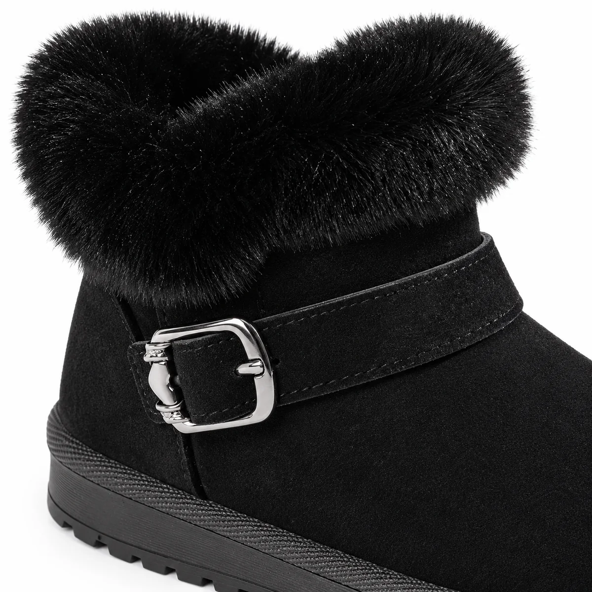 Detail des bottines fourrées fille à revers chaud et confortable noir